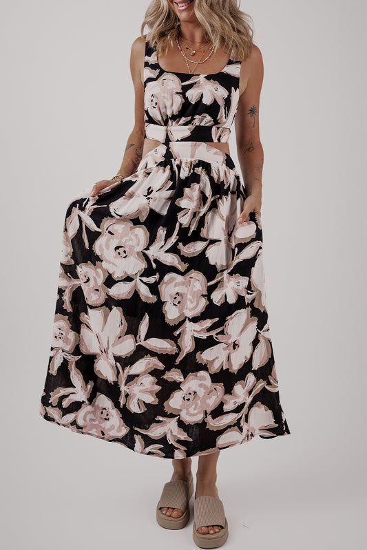 Black Floral Cutout Square Neck Knot Back Sleeveless Maxi Dress-TOPS / DRESSES-[Adult]-[Female]-Black-S-2022 Online Blue Zone Planet