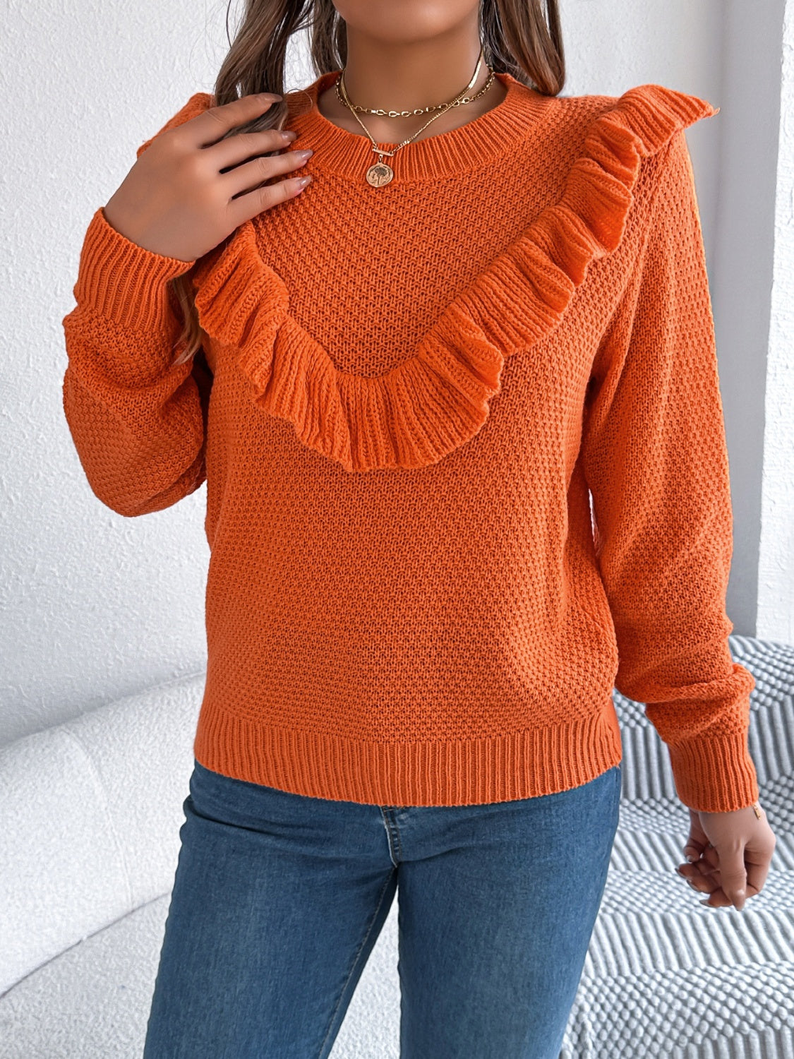 Ruffled Round Neck Long Sleeve Sweater-TOPS / DRESSES-[Adult]-[Female]-2022 Online Blue Zone Planet