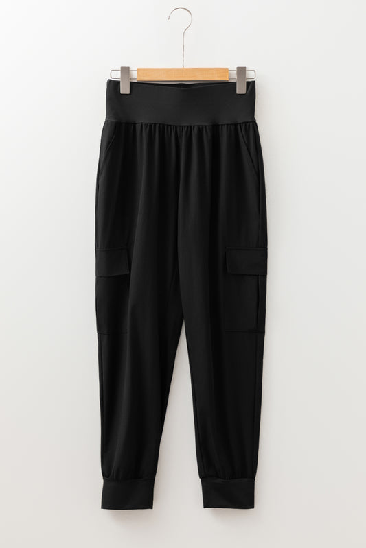 Black Elastic High Waist Pocketed Cargo Jogger Pants-Bottoms/Pants & Culotte-[Adult]-[Female]-2022 Online Blue Zone Planet