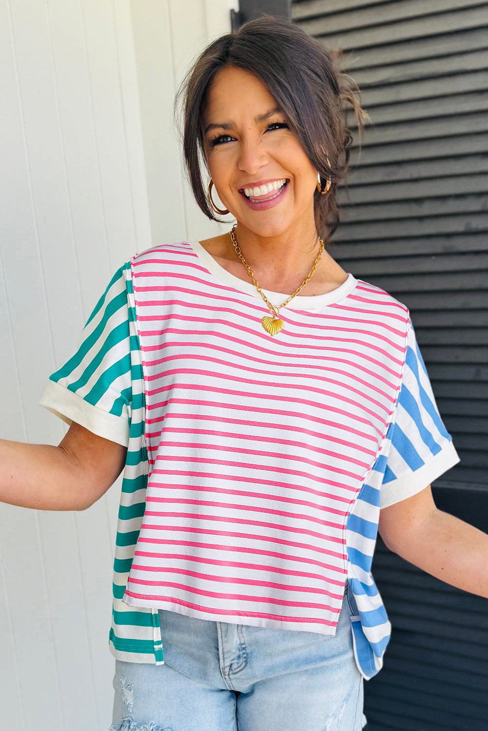 Pink Stripe Mixed Pattern Patchwork Uneven Hem Loose Tee-Tops/Tops & Tees-[Adult]-[Female]-2022 Online Blue Zone Planet