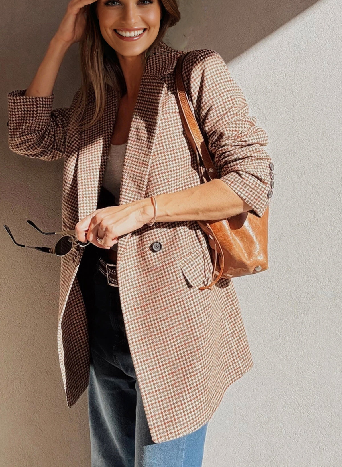 Brown Houndstooth Lapel Collar Blazer-Outerwear/Blazers-[Adult]-[Female]-2022 Online Blue Zone Planet