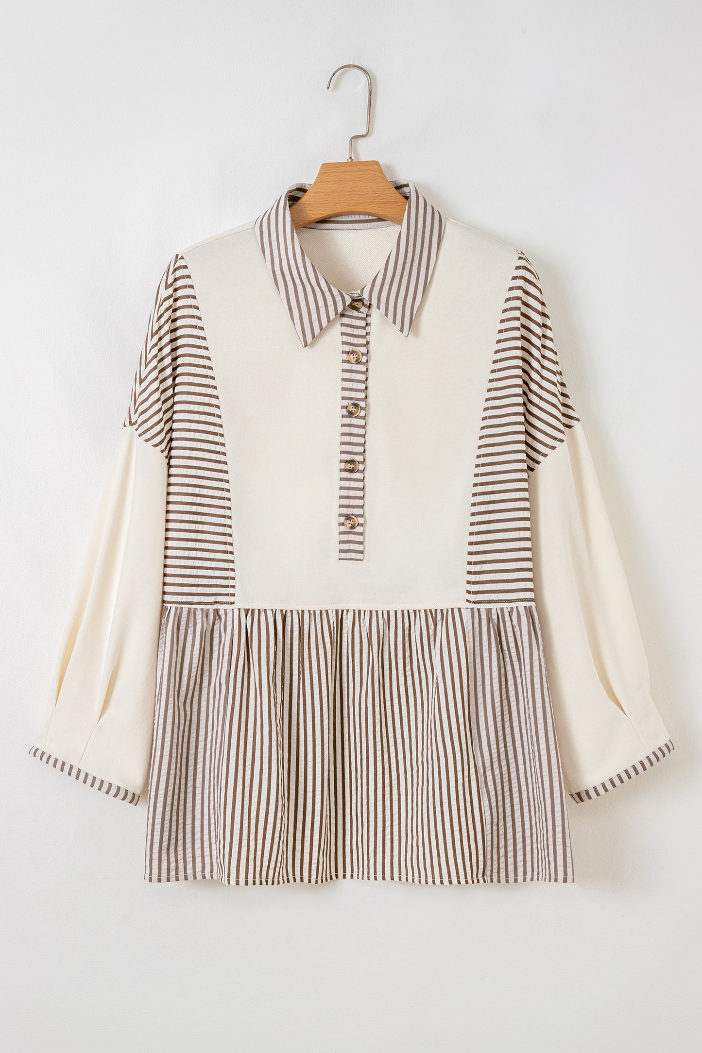 Khaki Stripe Plus Size Color Block Patchwork Half Button Long Sleeve Peplum Blouse-Plus Size/Plus Size Tops/Plus Size Blouses & Shirts-[Adult]-[Female]-2022 Online Blue Zone Planet