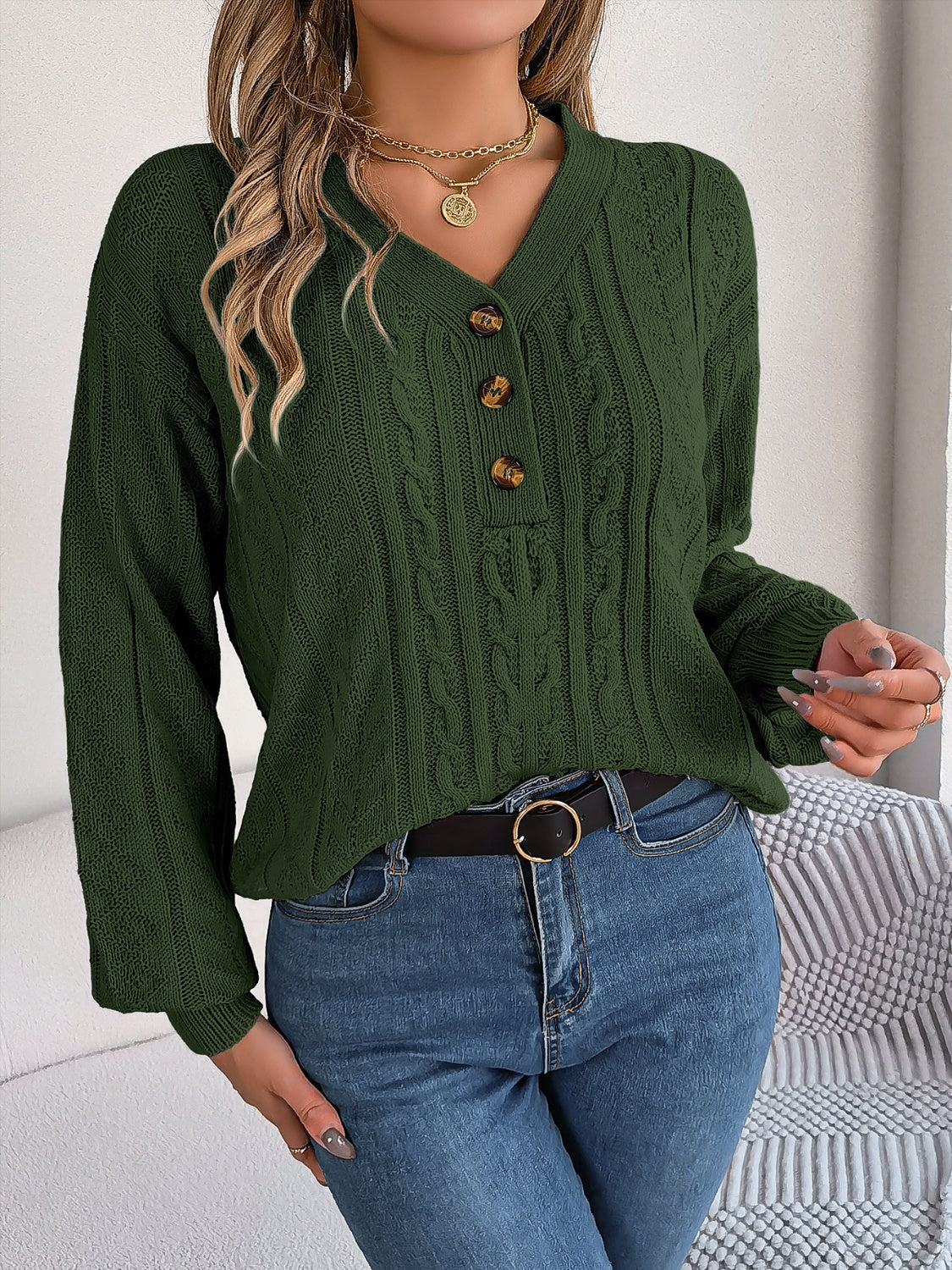 Cable-Knit V-Neck Long Sleeve Sweater-TOPS / DRESSES-[Adult]-[Female]-2022 Online Blue Zone Planet