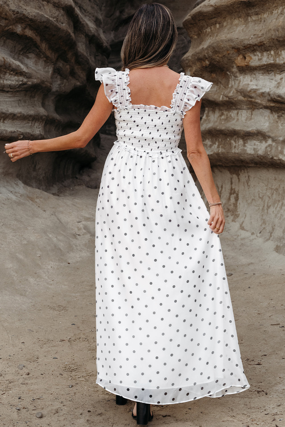 White Polka Dot Flutter Sleeve Square Neck Smocked Maxi Dress-Dresses/Maxi Dresses-[Adult]-[Female]-2022 Online Blue Zone Planet