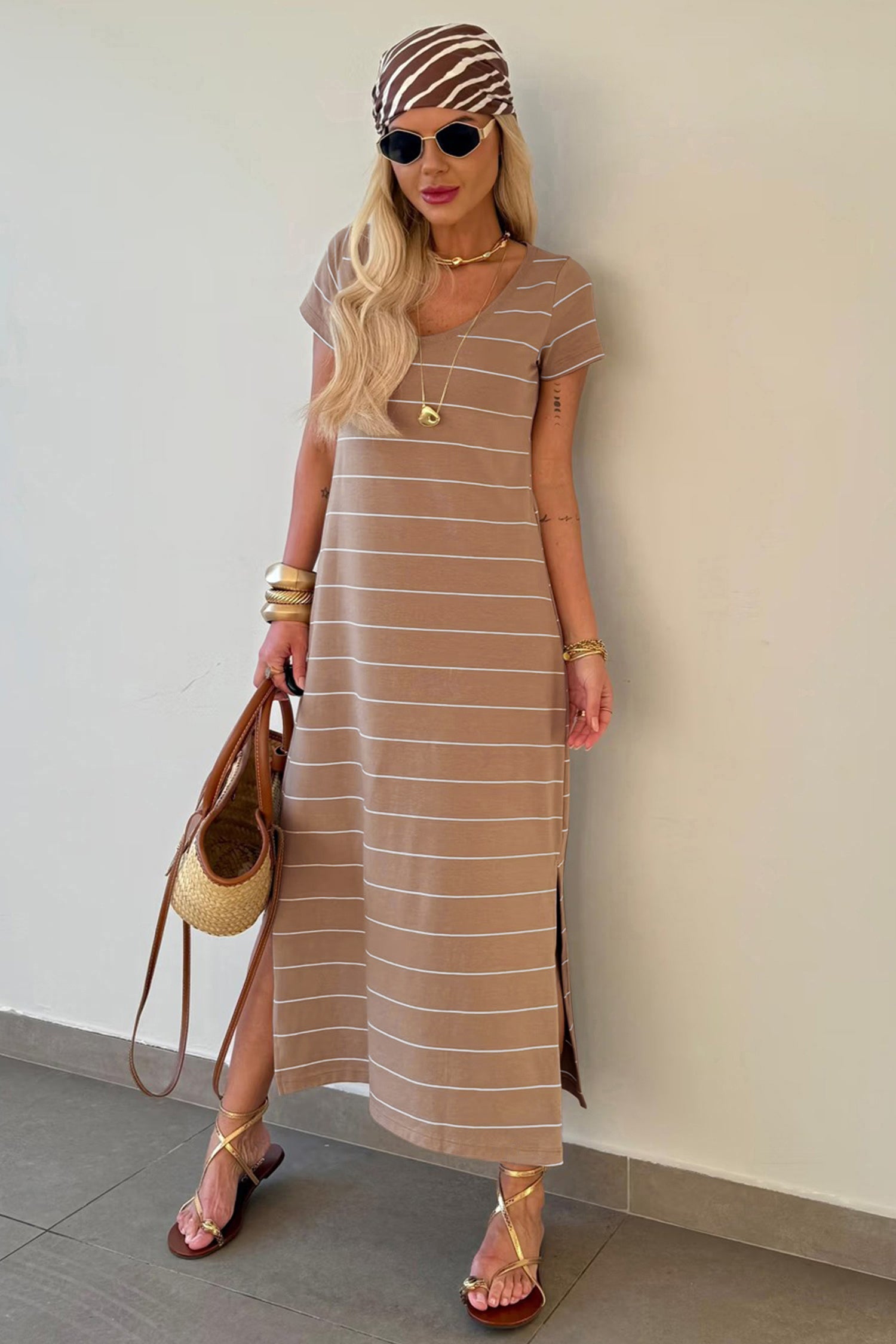 Khaki Stripe Casual Short Sleeve Side Slit Maxi T Shirt Dress-TOPS / DRESSES-[Adult]-[Female]-2022 Online Blue Zone Planet