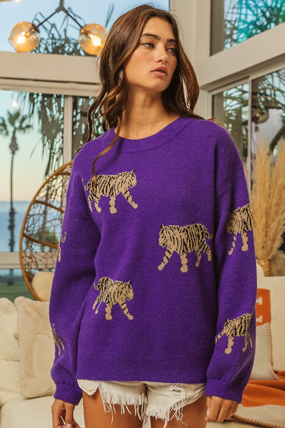 BiBi Tiger Pattern Long Sleeve Sweater-TOPS / DRESSES-[Adult]-[Female]-2022 Online Blue Zone Planet