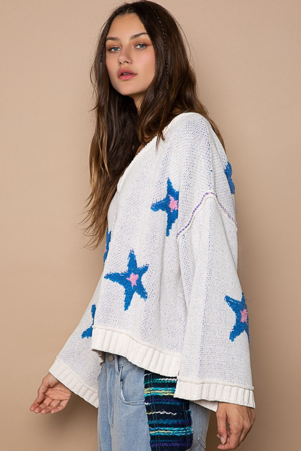 POL Long Sleeve Star Patch Sweater-TOPS / DRESSES-[Adult]-[Female]-2022 Online Blue Zone Planet