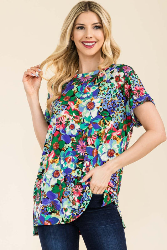 Celeste Full Size Round Neck Short Sleeve Floral T-Shirt-TOPS / DRESSES-[Adult]-[Female]-Black Green-S-2022 Online Blue Zone Planet