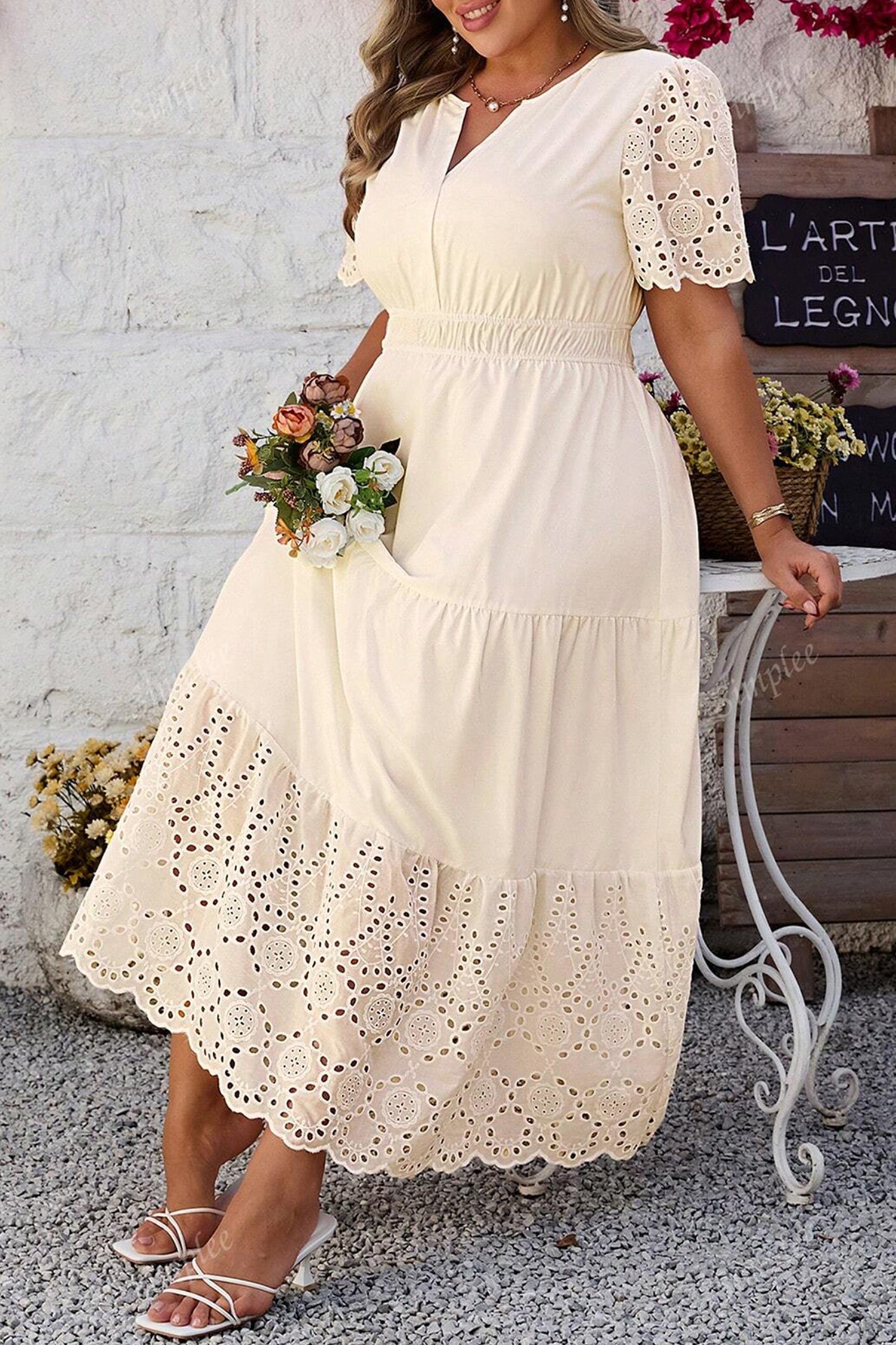 Apricot Plus Size V Neck Lacy Embroidery Patchwork Short Sleeve Maxi Dress-Plus Size/Plus Size Dresses/Plus Size Maxi Dresses-[Adult]-[Female]-2022 Online Blue Zone Planet