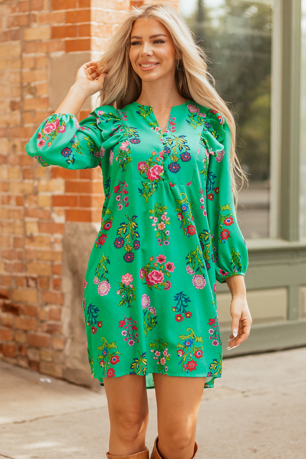Green Floral Ruffled Three Quarter Sleeve Buttoned Mini Dress-TOPS / DRESSES-[Adult]-[Female]-2022 Online Blue Zone Planet