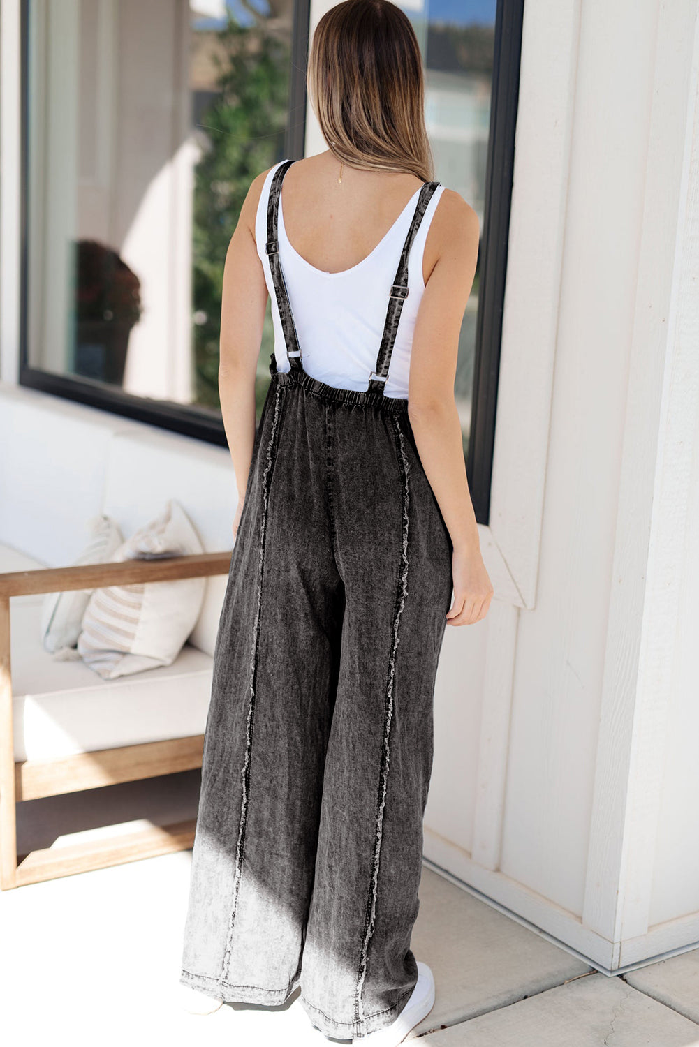 Dark Grey Light Wash Frayed Exposed Seam Wide Leg Denim Overall-Bottoms/Jumpsuits & Rompers-[Adult]-[Female]-2022 Online Blue Zone Planet