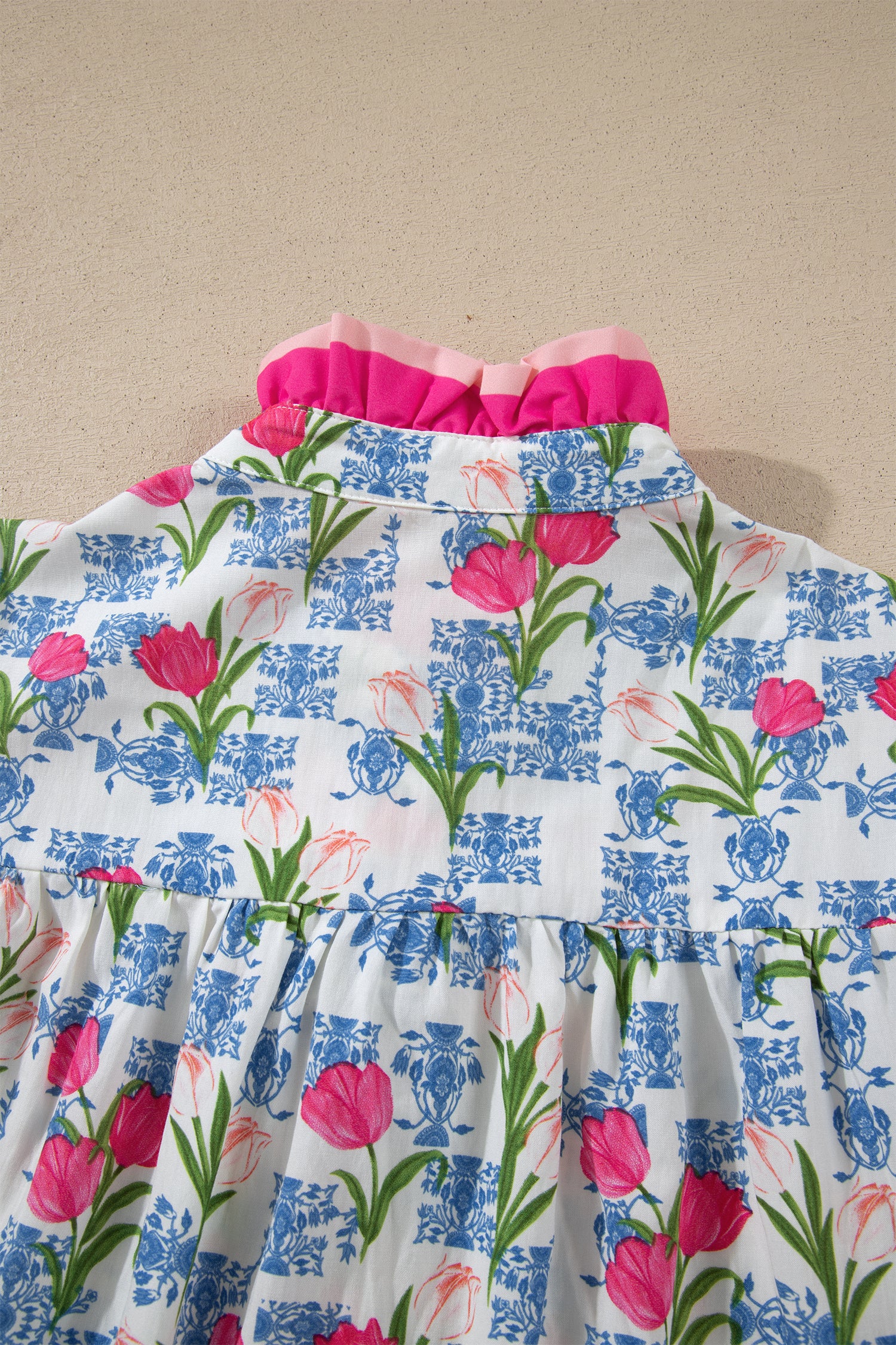Rose Floral Print Color Block Striped Trim Flutter Sleeve Half Button Blouse-Tops/Blouses & Shirts-[Adult]-[Female]-2022 Online Blue Zone Planet