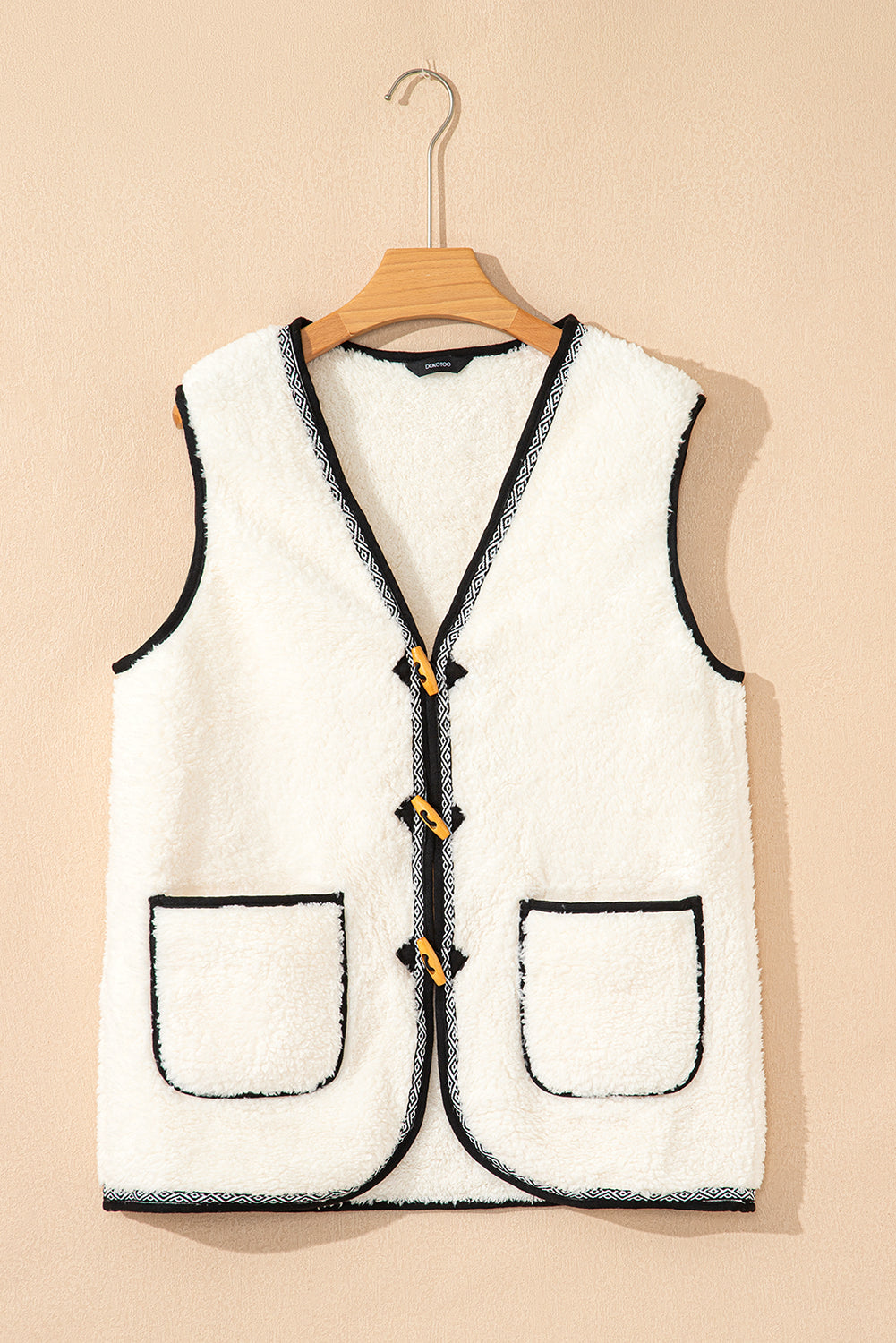 White Sherpa Contrast Trim Patch Pocket Cartridge Toggle Button Vest-Outerwear/Vests-[Adult]-[Female]-2022 Online Blue Zone Planet