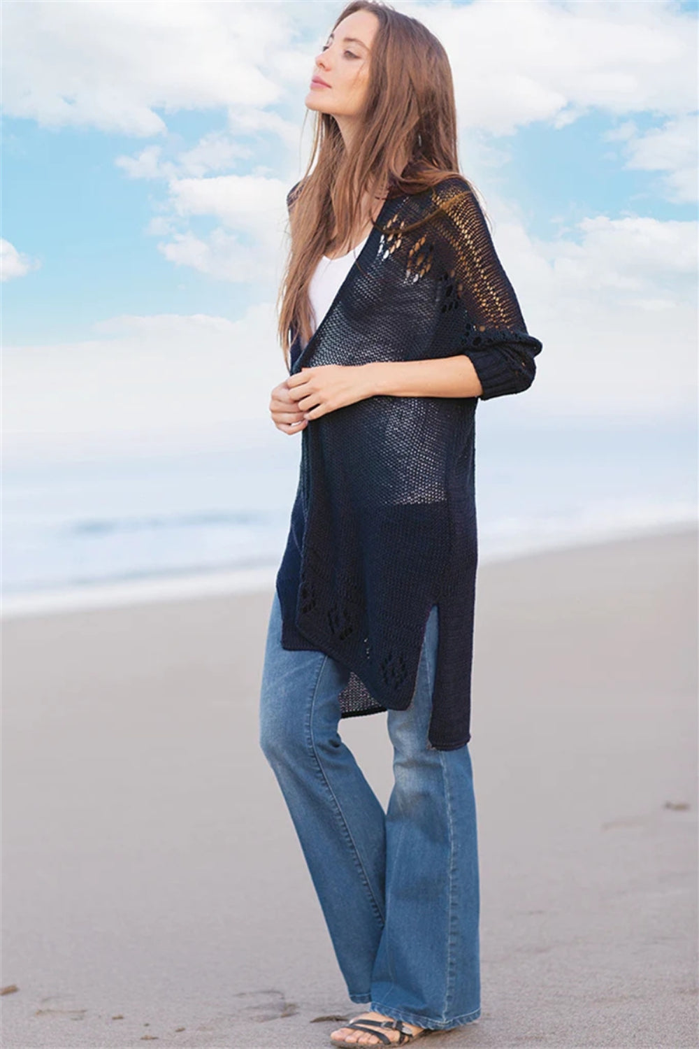 Openwork Side Slit Open Front Long Sleeve Cardigan-TOPS / DRESSES-[Adult]-[Female]-2022 Online Blue Zone Planet