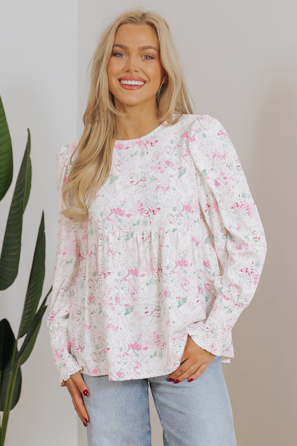 Blue Zone Planet | Pink Floral Print Shirred Balloon Sleeve Keyhole Back Babydoll Blouse-Tops/Blouses & Shirts-[Adult]-[Female]-2022 Online Blue Zone Planet