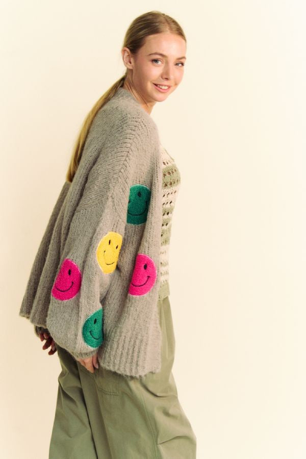Davi & Dani Fuzzy Smile Open Front Long Sleeve Cardigan-TOPS / DRESSES-[Adult]-[Female]-2022 Online Blue Zone Planet