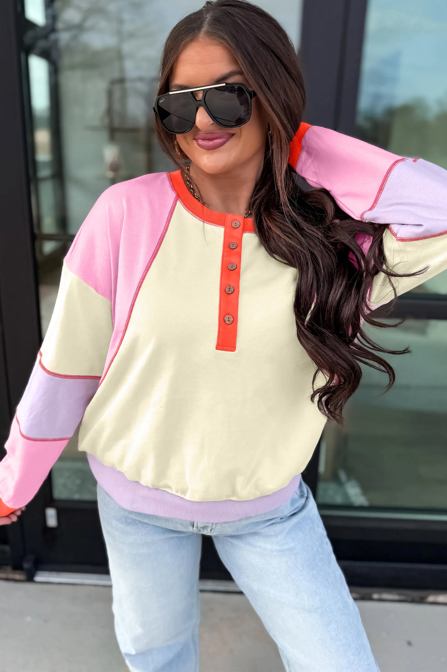 Multicolour Exposed Seam Colorblock Patchwork Pullover Long Sleeve Top-Tops/Long Sleeve Tops-[Adult]-[Female]-2022 Online Blue Zone Planet