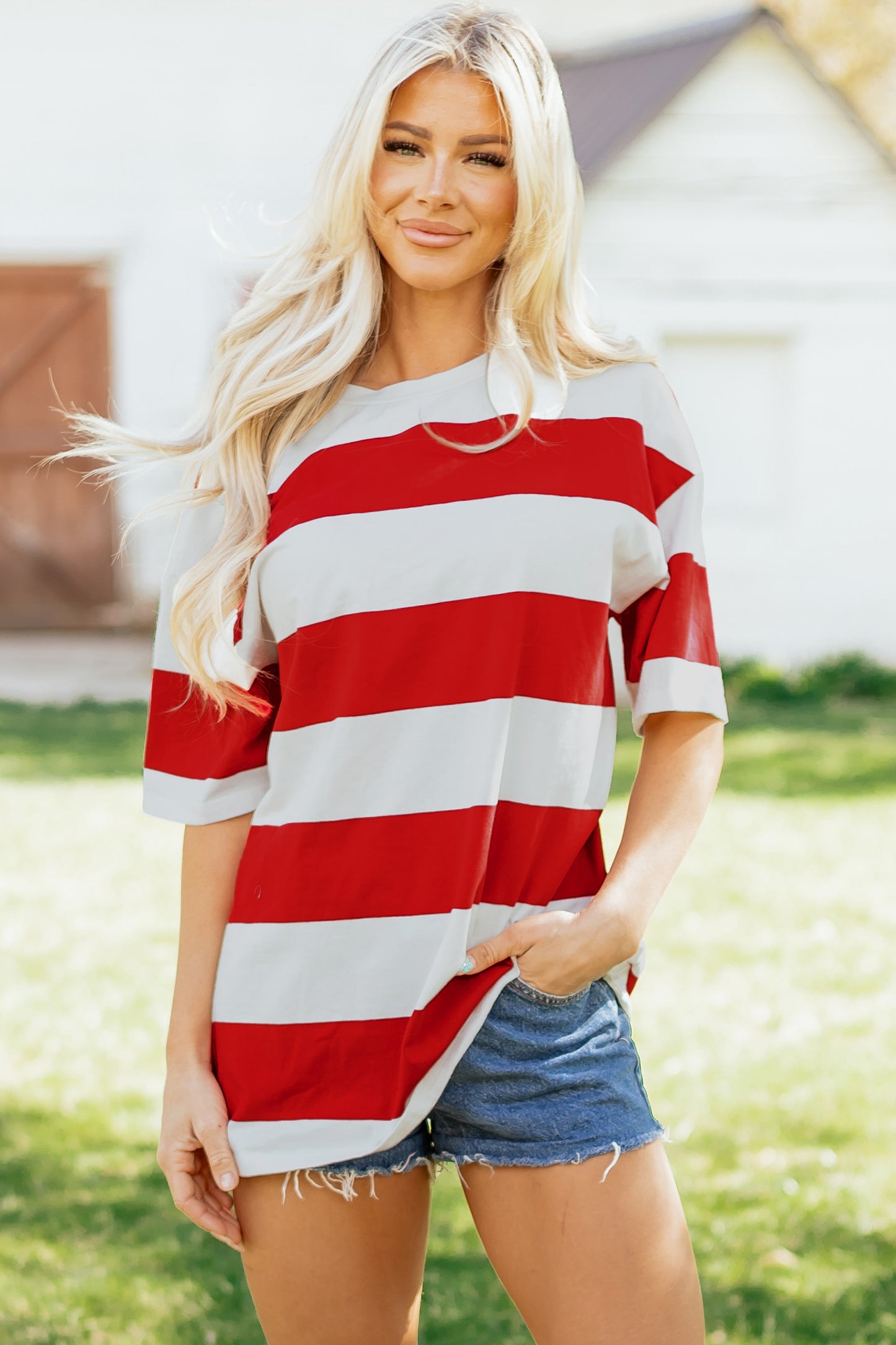 Racing Red Striped Color Block Oversize Tunic Tee-Tops/Tops & Tees-[Adult]-[Female]-2022 Online Blue Zone Planet