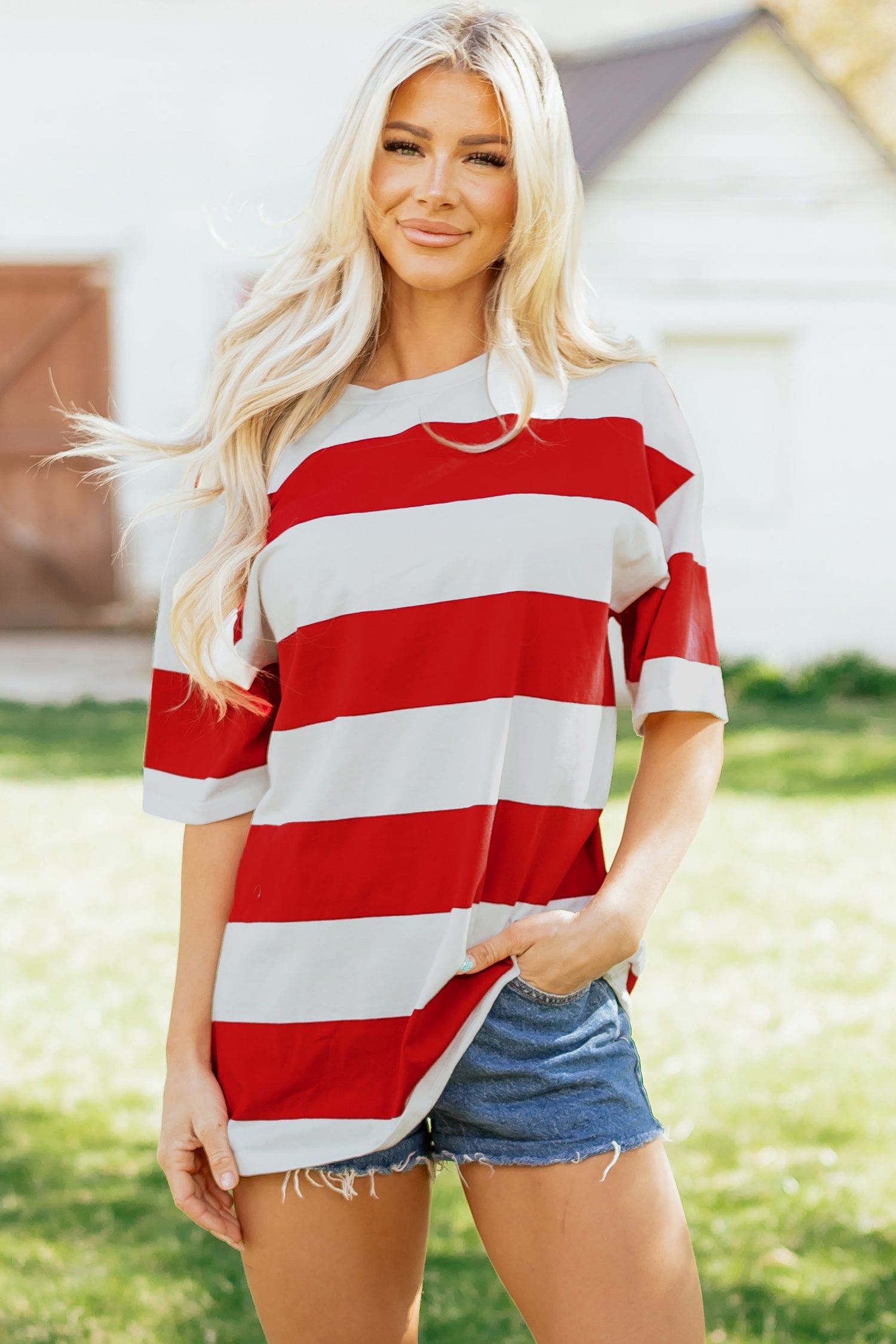 Racing Red Striped Color Block Oversize Tunic Tee-Tops/Tops & Tees-[Adult]-[Female]-2022 Online Blue Zone Planet