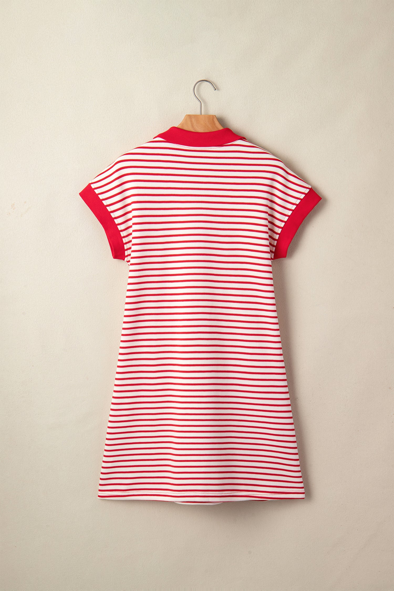 Red Stripe Quarter Zip Polo Collar T Shirt Dress with Pockets-TOPS / DRESSES-[Adult]-[Female]-2022 Online Blue Zone Planet