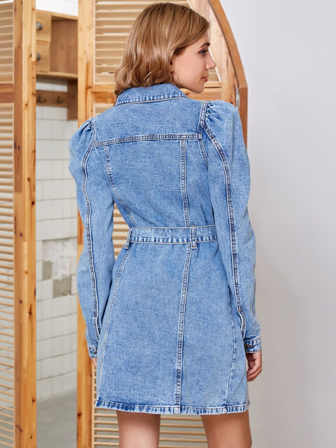 Tied Button Up Collared Neck Denim Dress-TOPS / DRESSES-[Adult]-[Female]-2022 Online Blue Zone Planet