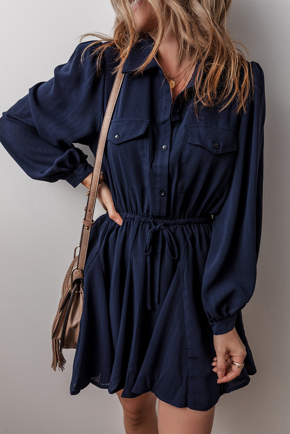 Navy Blue Solid Chest Pockets Tunic Shirt Mini Dress-Dresses/Mini Dresses-[Adult]-[Female]-2022 Online Blue Zone Planet