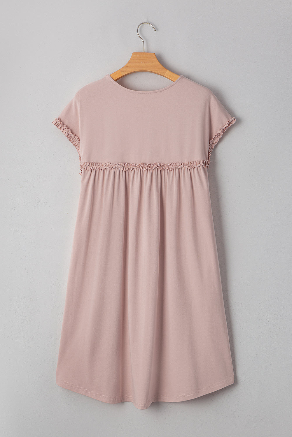 Oatmeal Frilled Trim Crew Neck Loose Fit Mini Dress-TOPS / DRESSES-[Adult]-[Female]-2022 Online Blue Zone Planet