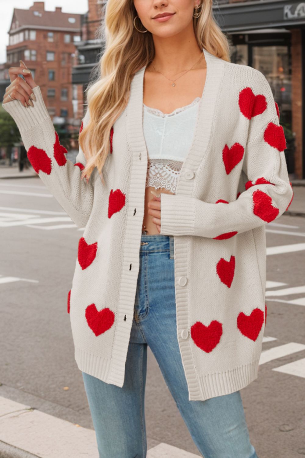 Blue Zone Planet | Heart Button Down Long Sleeve Cardigan-TOPS / DRESSES-[Adult]-[Female]-2022 Online Blue Zone Planet