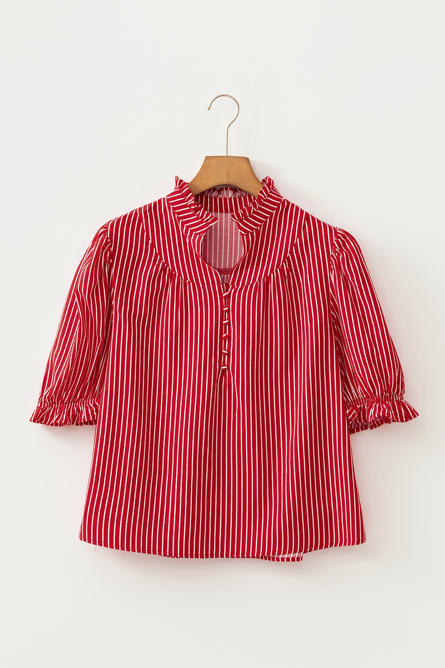 Red Stripe Ruffled Short Puff Sleeve Button Front Blouse-Tops/Blouses & Shirts-[Adult]-[Female]-2022 Online Blue Zone Planet