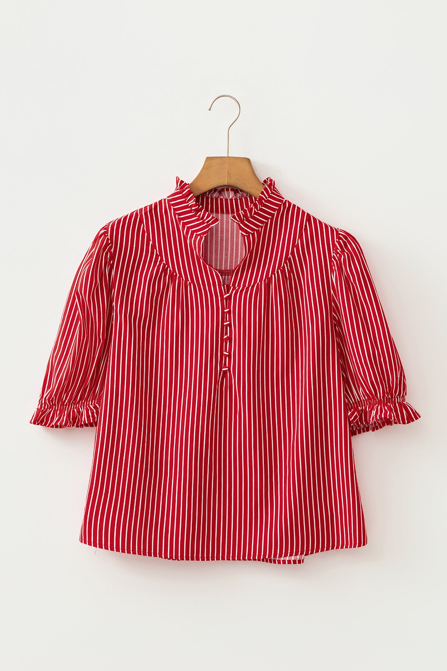 Red Stripe Ruffled Short Puff Sleeve Button Front Blouse-Tops/Blouses & Shirts-[Adult]-[Female]-2022 Online Blue Zone Planet