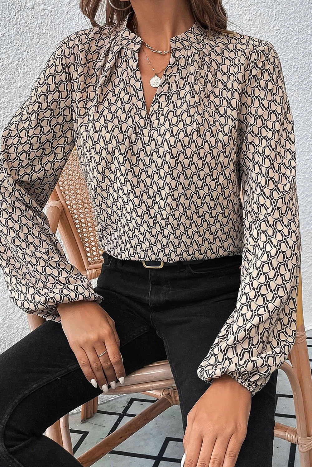 Khaki Geometric Print Notched Neck Long Sleeve Blouse-Blouses-[Adult]-[Female]-2022 Online Blue Zone Planet