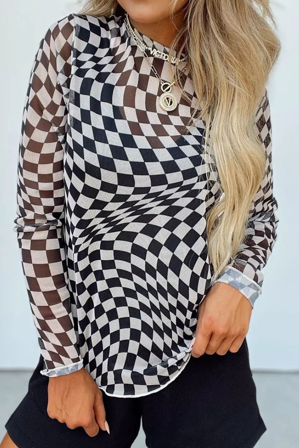 Blue Zone Planet | Checkered Mock Neck Long Sleeve Blouse-TOPS / DRESSES-[Adult]-[Female]-2022 Online Blue Zone Planet