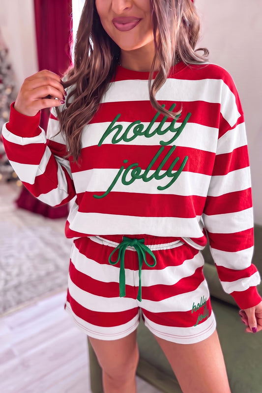 Red Stripe Holly Jolly Embroidery Pullover Long Sleeve Two Piece Shorts Set-Two Piece Sets/Short Sets-[Adult]-[Female]-Red Stripe-S-2022 Online Blue Zone Planet