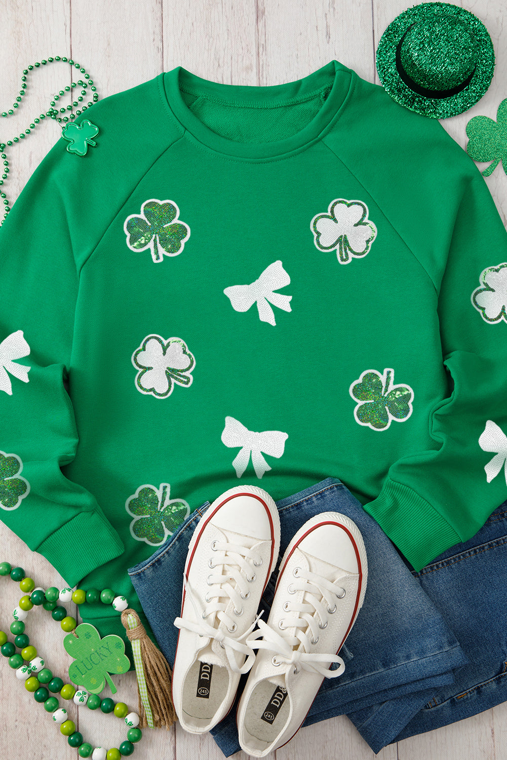 Green Sequin Bow Clover Graphic Pullover Sweatshirt-Graphic/Graphic Sweatshirts-[Adult]-[Female]-2022 Online Blue Zone Planet