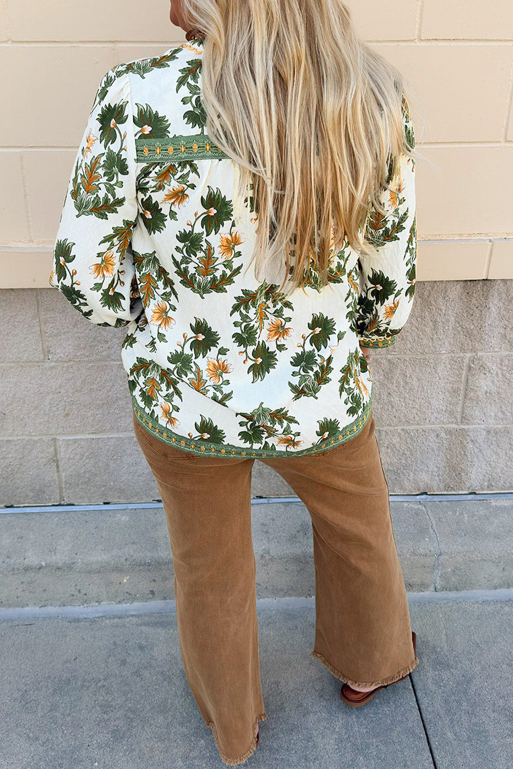 Green Plus Size Floral Printed Contrast Patchwork Detail Tassel Tie 3/4 Sleeve Blouse-Plus Size/Plus Size Tops/Plus Size Blouses & Shirts-[Adult]-[Female]-2022 Online Blue Zone Planet