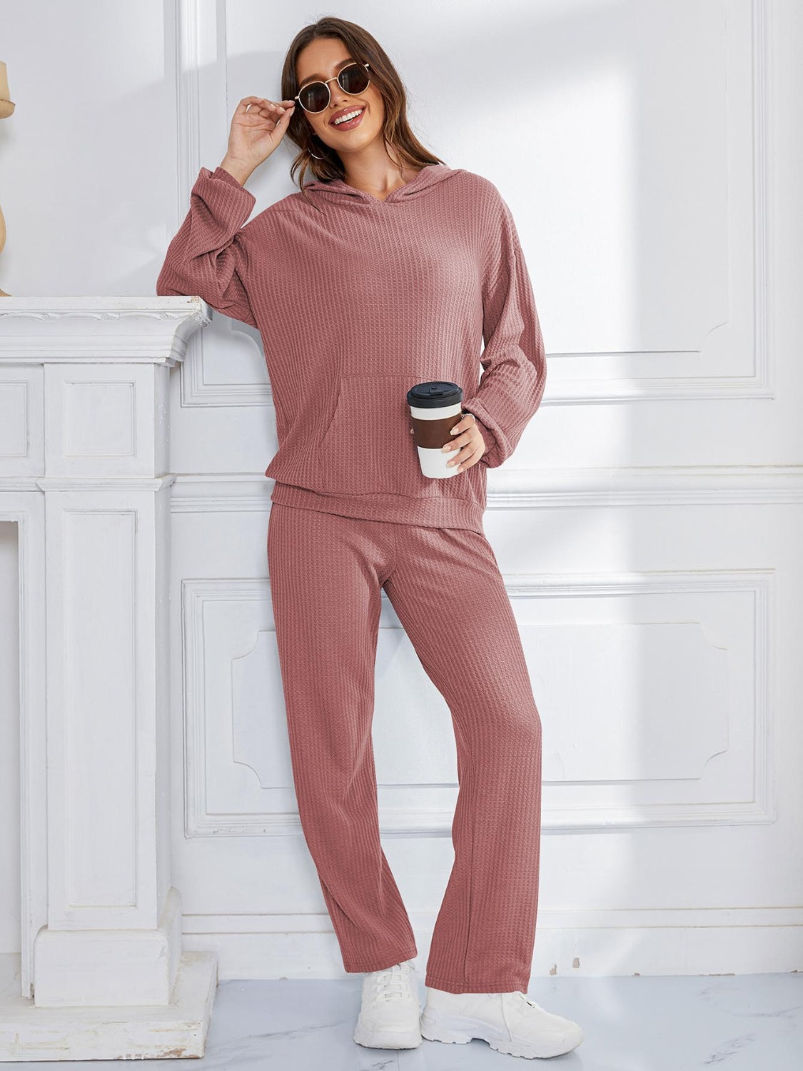 Dropped Shoulder Long Sleeve Hoodie and Pants Set-TOPS / DRESSES-[Adult]-[Female]-Dusty Pink-S-2022 Online Blue Zone Planet