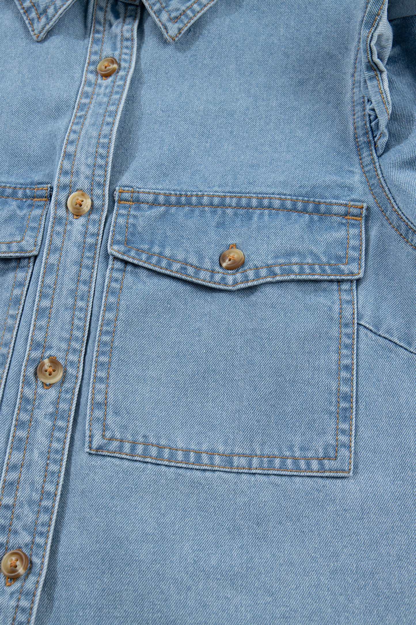 Myosotis Ruffle Detail Short Puff Sleeve Button Down Flap Pocket Denim Shirt-Tops/Blouses & Shirts-[Adult]-[Female]-2022 Online Blue Zone Planet