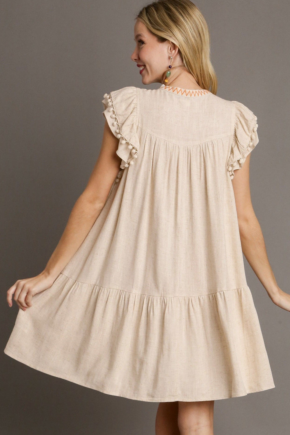 Jet Stream Linen Embroidery Split Neck Pom Pom Ruffle Sleeves Flowy Short Dress-Dresses/Mini Dresses-[Adult]-[Female]-2022 Online Blue Zone Planet