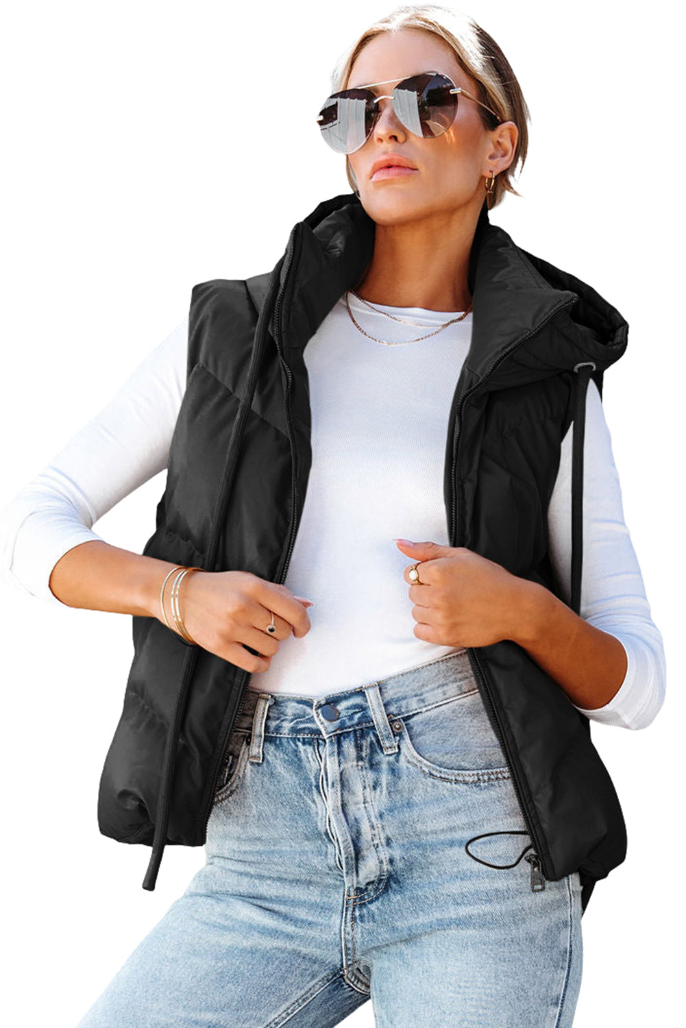 Blue Zone Planet |  Black Sleek Quilted Puffer Hooded Vest Coat Blue Zone Planet