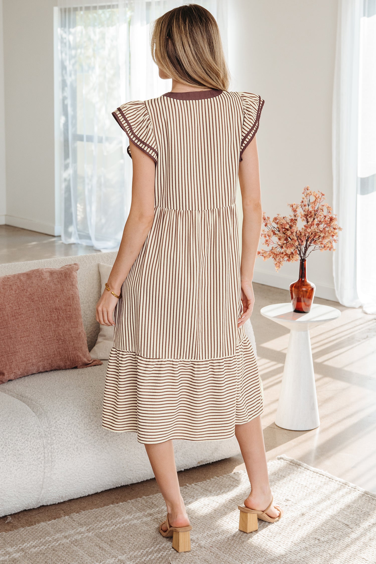 Brown Stripe Double Ruffled Short Sleeve Contrast Trim V Neck Midi Dress-TOPS / DRESSES-[Adult]-[Female]-2022 Online Blue Zone Planet