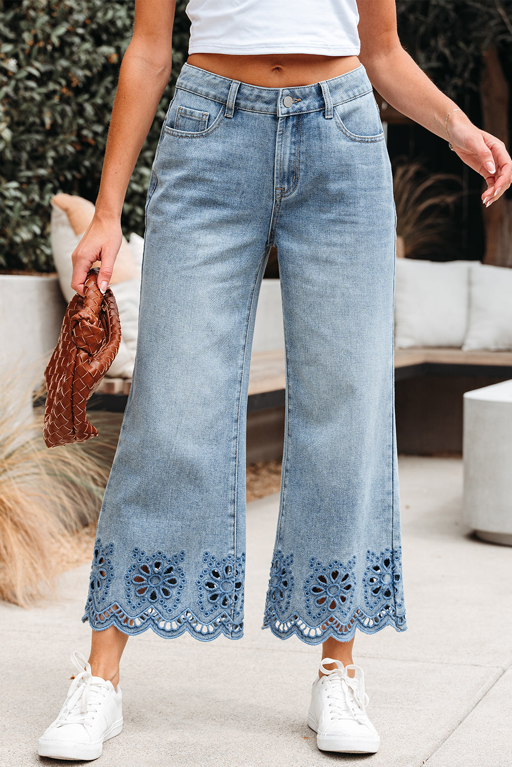 Dusk Blue Embroidered Cropped Wide Leg High Waist Jeans-Bottoms/Jeans-[Adult]-[Female]-2022 Online Blue Zone Planet