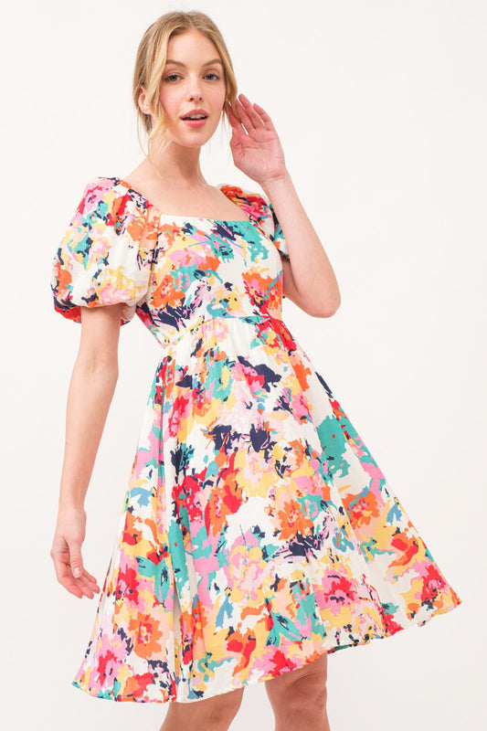 And The Why Square Neck Puff Sleeve Floral Dress-TOPS / DRESSES-[Adult]-[Female]-Multi-S-2022 Online Blue Zone Planet