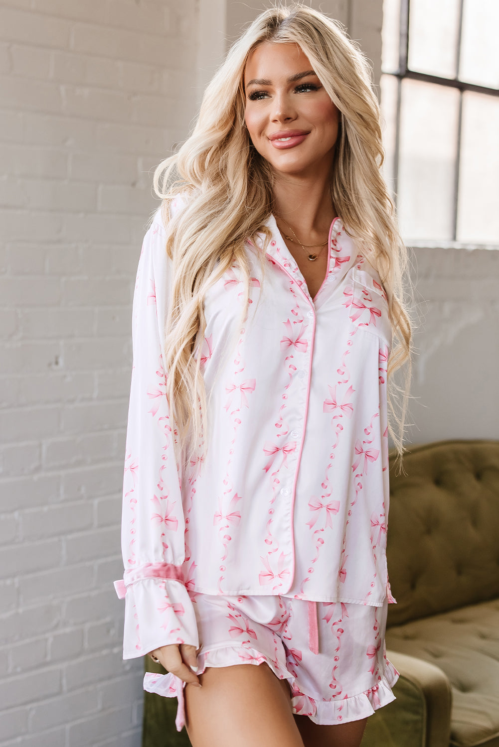 Blue Zone Planet | Pink Satin Bow Bell Sleeve Shirt and Ruffled Shorts Pajama Set-Loungewear & Sleepwear/Sleepwear-[Adult]-[Female]-2022 Online Blue Zone Planet