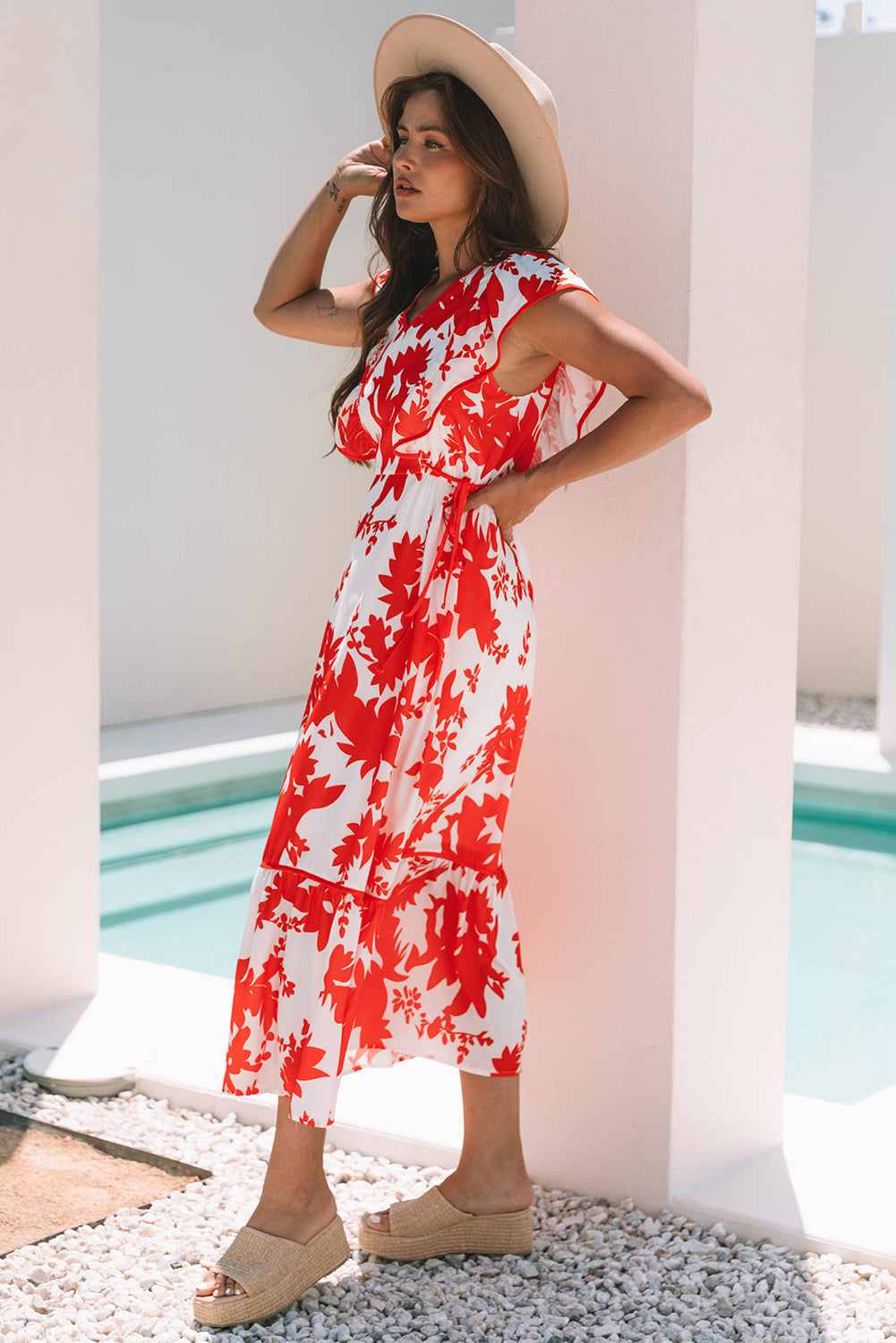 Red Floral Print Trimmed V Neck Ruffle Sleeve Long Dress-TOPS / DRESSES-[Adult]-[Female]-2022 Online Blue Zone Planet