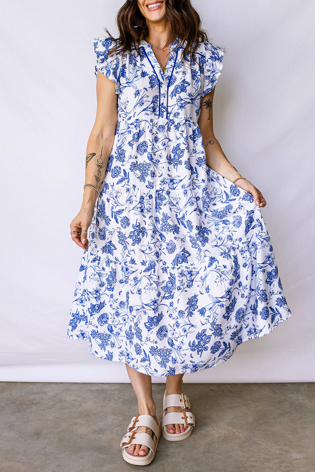 Blue Ruffled Short Sleeve Tiered Floral Midi Dress-TOPS / DRESSES-[Adult]-[Female]-2022 Online Blue Zone Planet