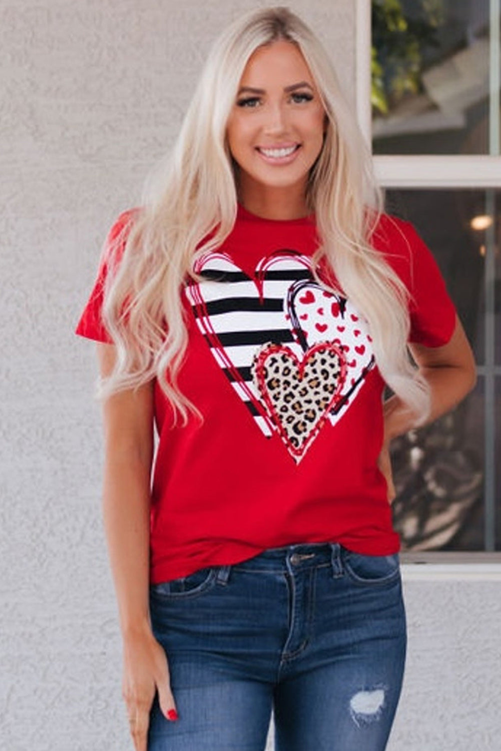 Red Leopard Striped Heart Shaped Print Crew Neck T Shirt-Graphic/Graphic Tees-[Adult]-[Female]-2022 Online Blue Zone Planet