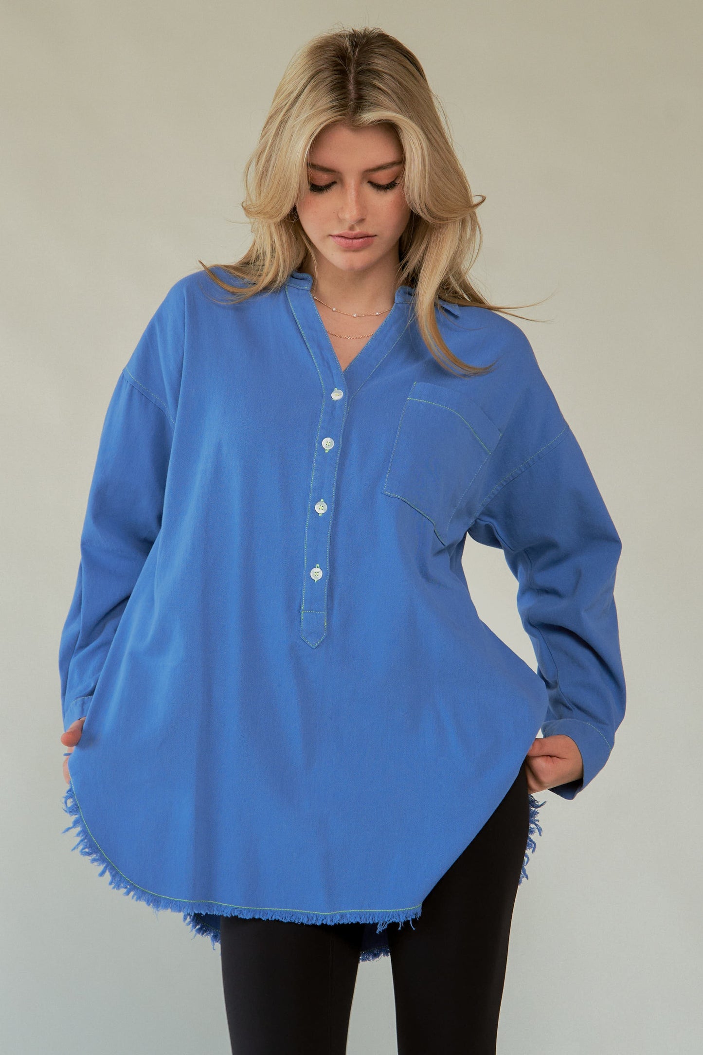 Davi & Dani Letter Back Raw Hem Half Button Shirt-TOPS / DRESSES-[Adult]-[Female]-2022 Online Blue Zone Planet