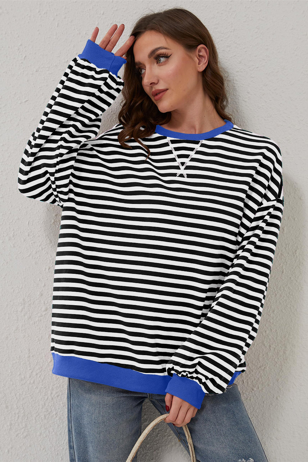 Sky Blue Stripe Oversized Contrast Trim Pullover Sweatshirt-Tops/Sweatshirts & Hoodies-[Adult]-[Female]-2022 Online Blue Zone Planet