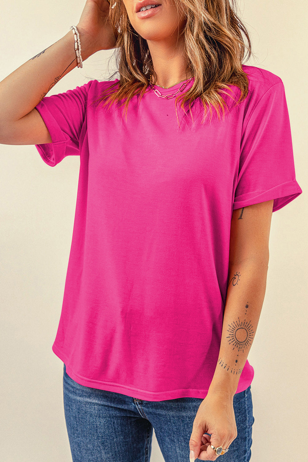 Bright Green Casual Plain Crew Neck Tee-Tops/Tops & Tees-[Adult]-[Female]-Rose Red-S-2022 Online Blue Zone Planet