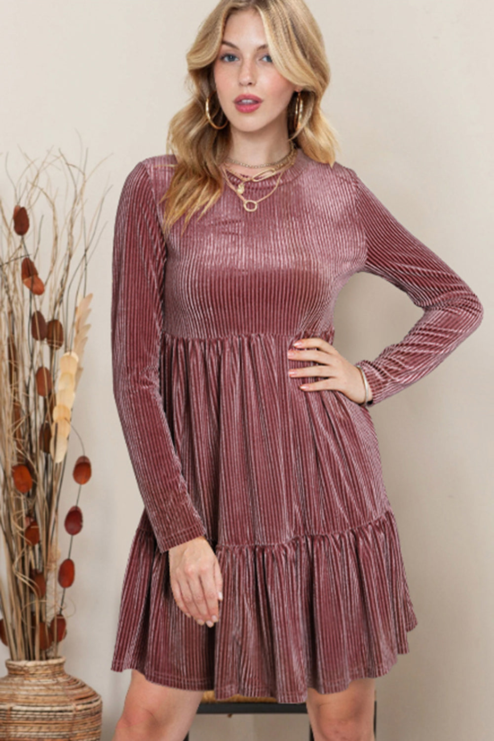 Blue Zone Planet | Pale Chestnut Long Sleeve Tiered Textured Velvet Dress-TOPS / DRESSES-[Adult]-[Female]-2022 Online Blue Zone Planet